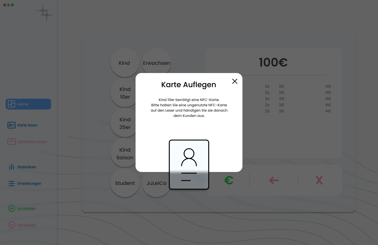 SES-Kartenleser-Dialog mit Aufforderung, eine NFC-Karte auf den Leser zu legen.