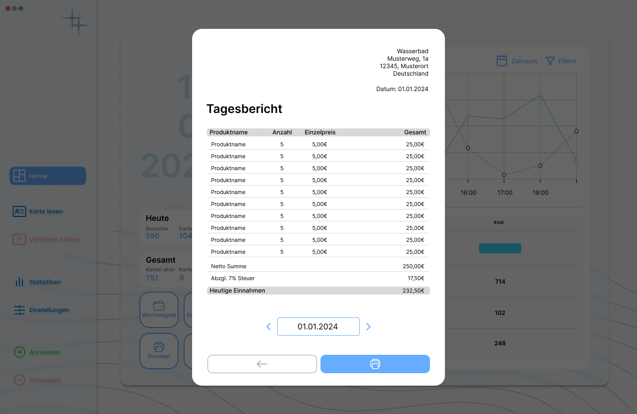 SES-Tagesbericht mit Produktzeilen, Summen, Datumssteuerung und Druckaktion.