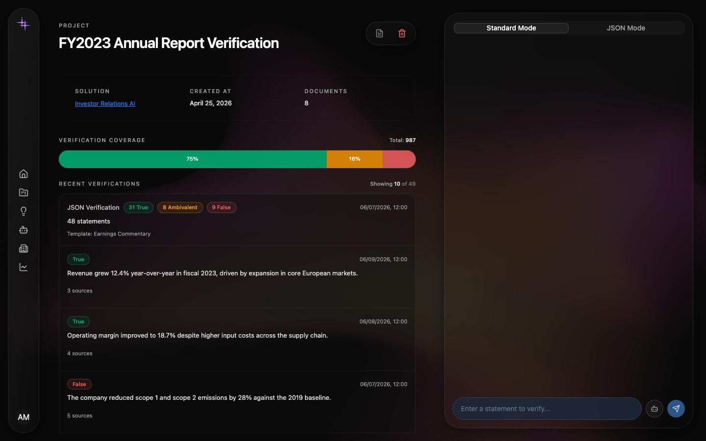 Haloperia-Project-Ansicht mit Verifikations-Coverage, aktuellen Aussagen und Eingabepanel.